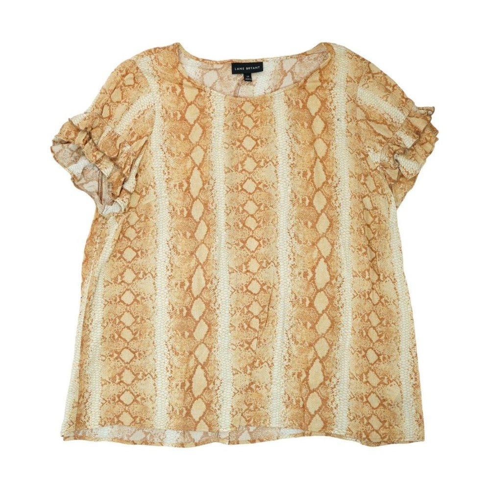 Lane Bryant Women's Short Sleeve Top Size 18 Brown Snake Print Ruffle Sleeve